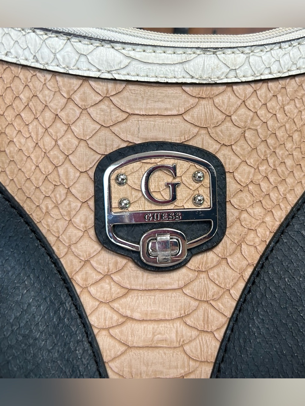 G by Guess-3 Tone (Beige, Black & Cream) Croc like Textured Shoulder Bag.